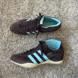 Adidas Womens Shoe 9 Brown Blue Titan Suede Running Indoor Soccer Trainer Track